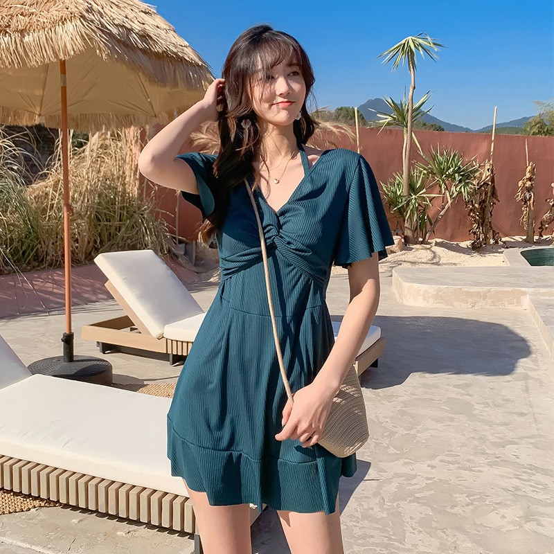 Traje de baño de talla grande chica gordita de las mujeres adelgazamiento traje de baño adelgazante color sólido vestido suelto de una pieza traje de baño de aguas termales