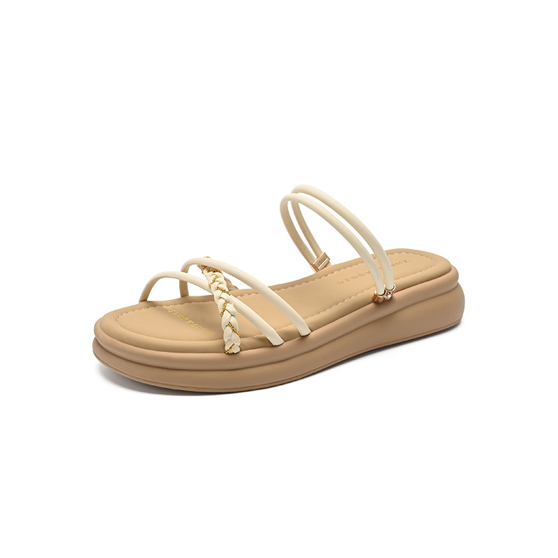 Dép sandal nữ đế bệt quai ngang đính đá phong cách Pháp — AY379 Đen
