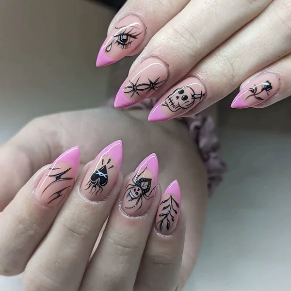 Halloween Wearable Manicure Oval Dark Pink Fake Nails Cross-Border New Manicure 24 Pieces