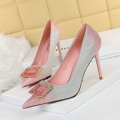 The 96161-8 han edition sexy high-heeled shoes high heel with shallow mouth party pointed color gradient diamond buckle 