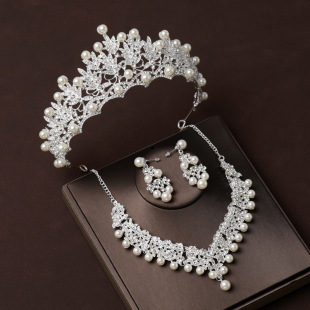 Fashion luxury retro atmospheric round bead crown tiara three-piece set accessories bride wedding dress princess crown