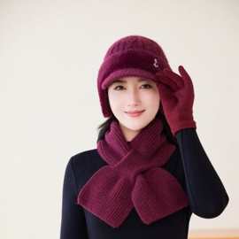 中年妈妈帽女冬季加绒加厚保暖毛线帽老年人帽子围巾手套三件套装