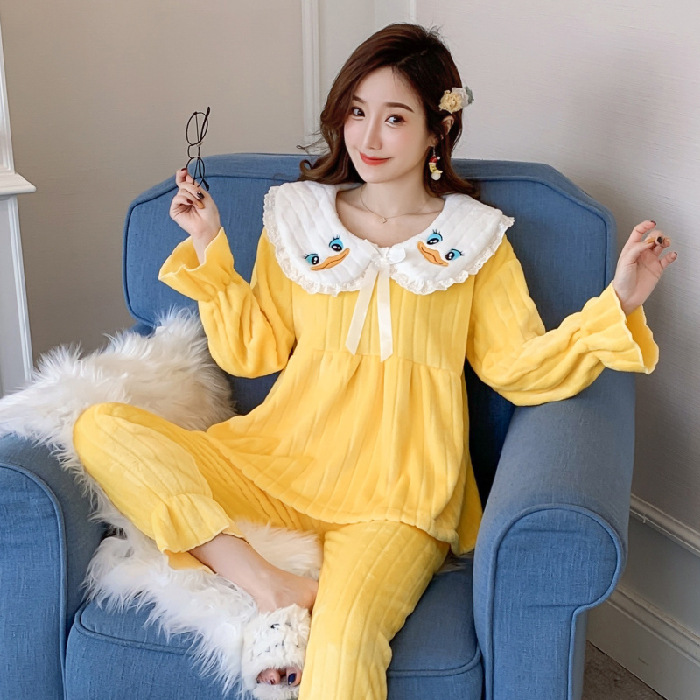 Sweet Girl Pink pijamas otoño e invierno cálido simple ropa para el hogar nuevo traje de terciopelo coral de terciopelo azul forrado de lana gruesa