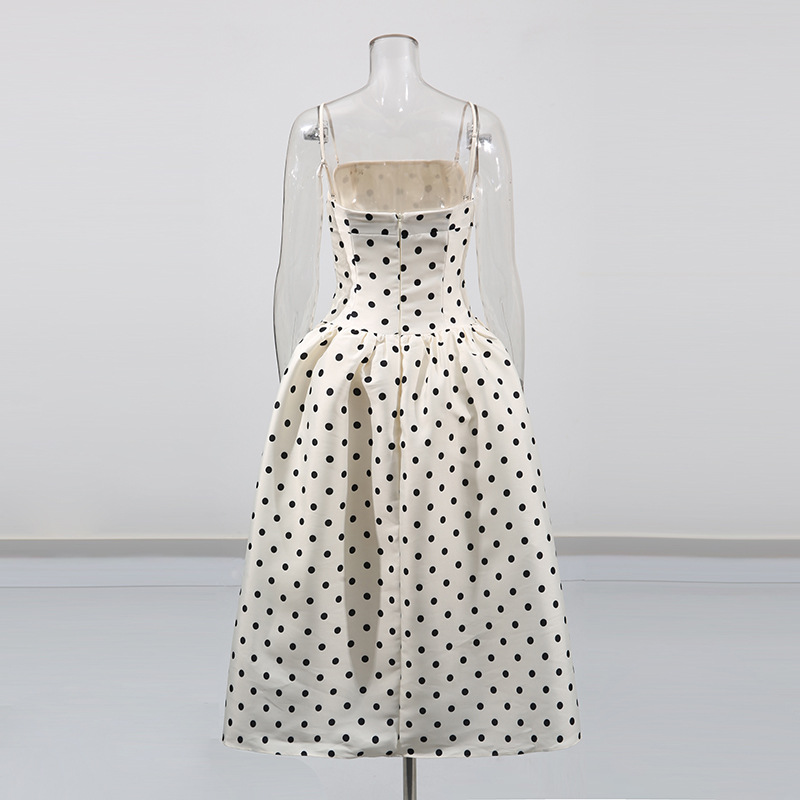 Women's Clothing Women's Hepburn Style Retro Polka Dot Print Slip Dress Waist Cinching Resort Dress Spring For Formal & Casual For Women_ecoleips.com