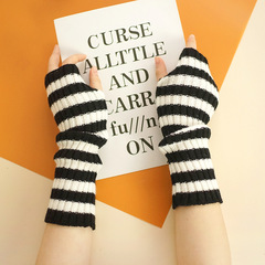 30cm knitted thick striped arm covers, mid-length autumn and winter warm student Korean style half-finger gloves, versatile for men and women