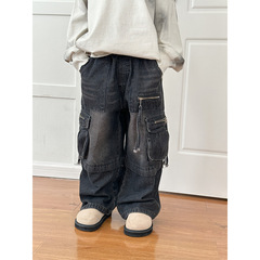2024 Fall New Children's Workwear Denim Jeans Korean Style Cool Boys and Girls Heavy Duty Denim Pants Street Style