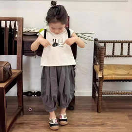 女童夏季短袖t圆领纯色吸汗百搭上衣+宽松阔腿裤宽松洋气套装ins