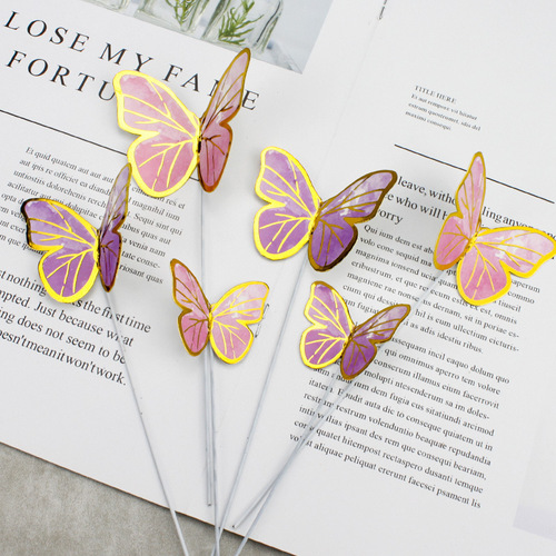 Beautiful ins style hot gold edge paper three-dimensional pink purple wire butterfly baking cake decoration ornaments plug-in