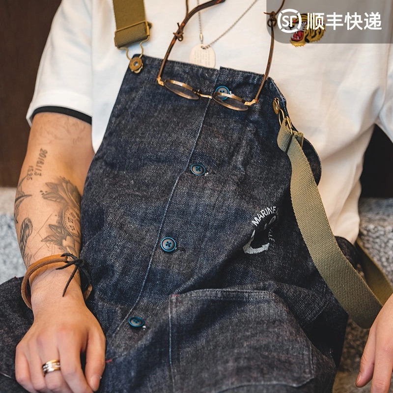 Madden Workwear American Retro Navy Deck Overalls Straight-Leg Wide-Leg Suit Suspender Jeans Men's Autumn