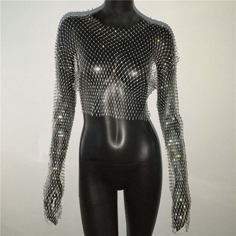 De Europa y América transfronteriza de las mujeres calientes de malla de diamantes de imitación red de pesca de manga larga Sexy Slim rhinestone Top party chica caliente de manga larga