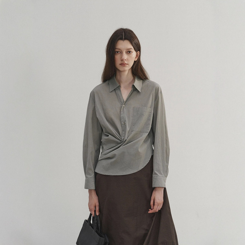 Love and Nancy Thirteen Lines Minimalist Autumn Korean Style High-End Solid Color Slim Fit Tie Long Sleeve Shirt for Women 02708