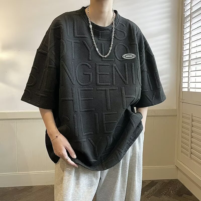 2026 camiseta de manga corta de verano hombre marca de moda de manga media suelta de cinco puntos estudiantes waffle Jacquard ropa de media manga