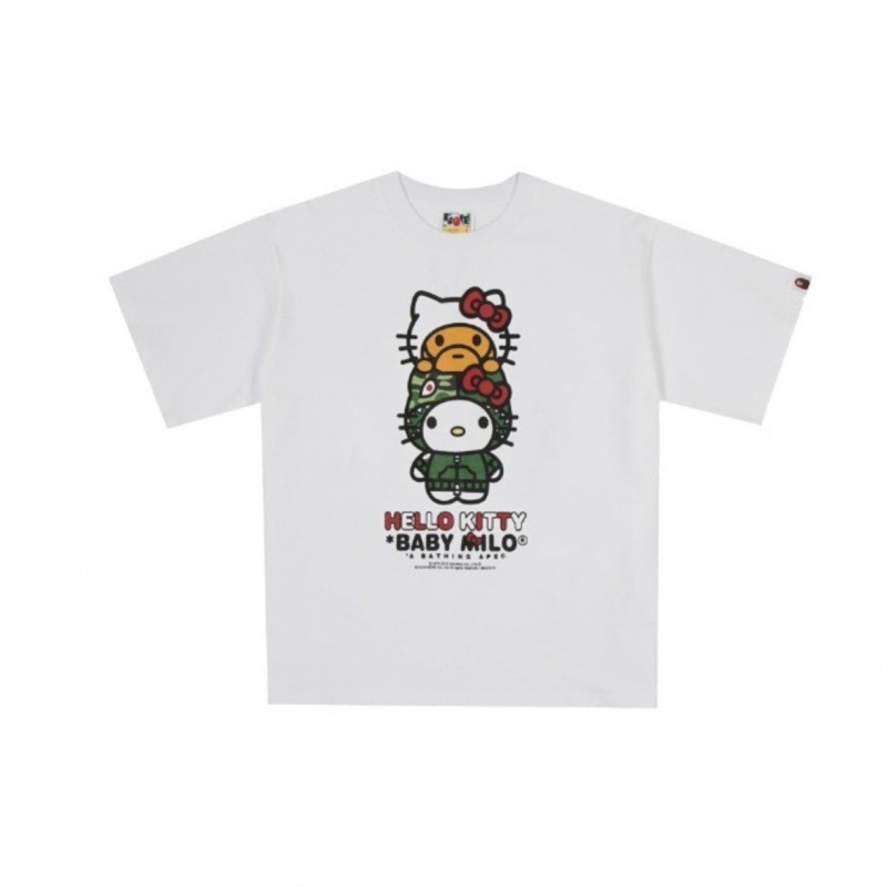 Bape x Hello Kitty 2026 New Milo Letter Print Loose Fit Short-Sleeve T-Shirt for Men and Women, Couple Style