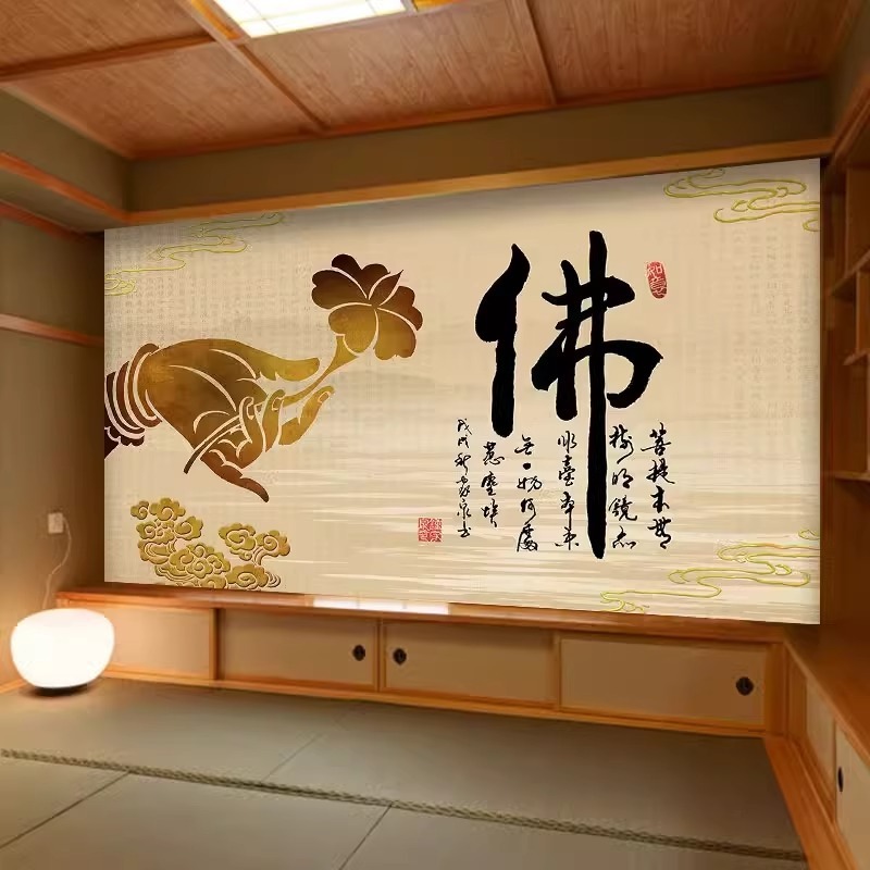 墙布藏式佛堂背景墙纸顶棚祥云壁纸全屋寺庙莲花吊顶吉祥八宝壁布|undefined