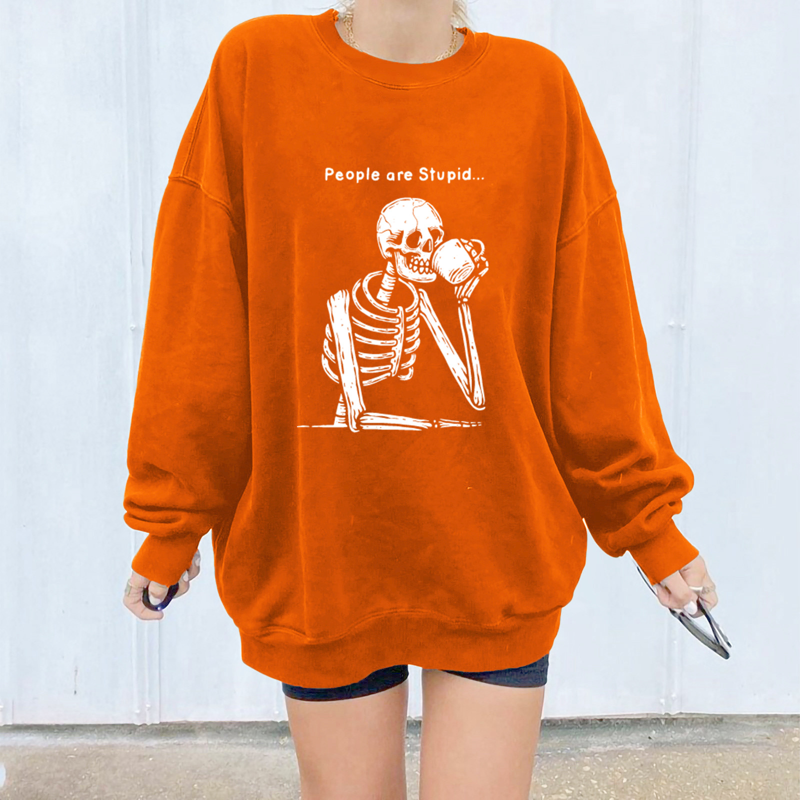 Women's Crew Neck Skull Print Sweatshirt Oversized Casual Pullover_voghion.com