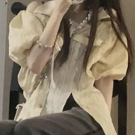 仙气质小香女孩一字肩挂脖设计感小众花朵衬衫宽松露肩上衣ins