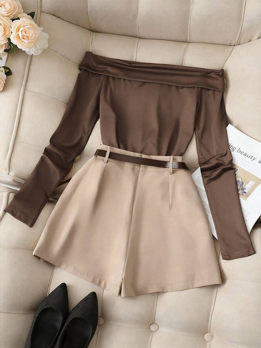 Women's Off-Shoulder Long Sleeve T-Shirt Shorts Skirt Set_ecoleips.com