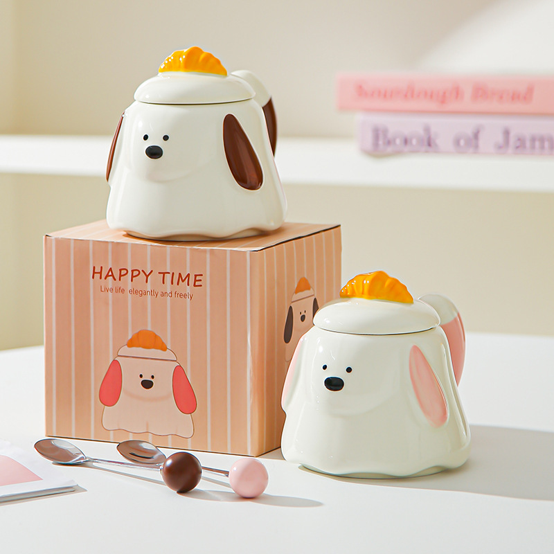 Cartoon dibujado a mano bolsas de corn de perro tazas de oficina encantadoras con tazas de agua cubiertas tazas de desayuno casero regalo de mano