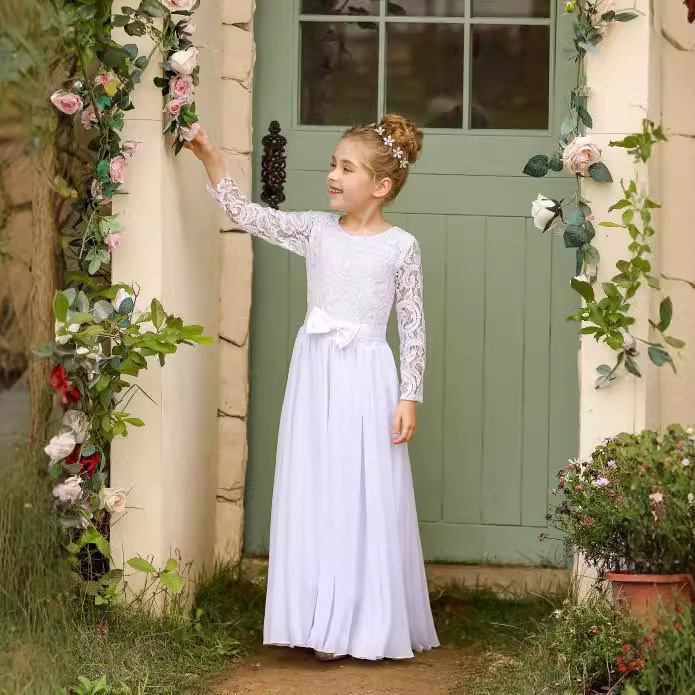 Nuevo vestido de novia para niños de comercio exterior transfronterizo europeo y americano de manga larga de encaje, cuello redondo, cola, vestido de cumpleaños para niña