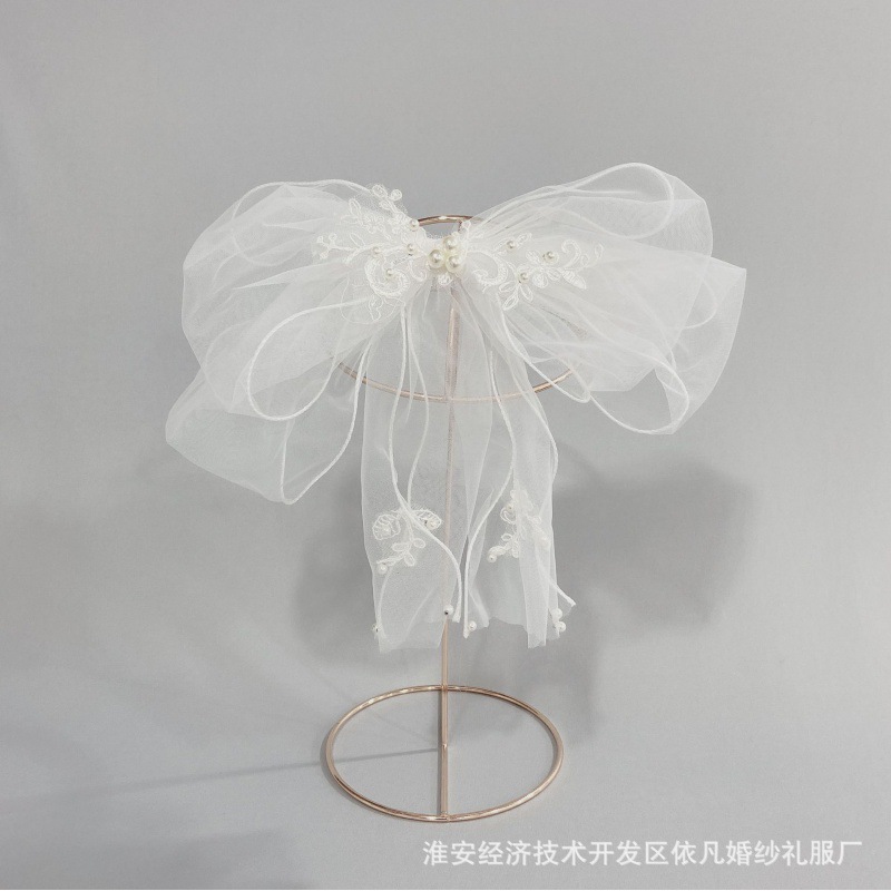 Tocado nupcial Super hadas malla pluma perla arco accesorios para el cabello velo corto Mori chica viaje fotografía accesorios de la boda