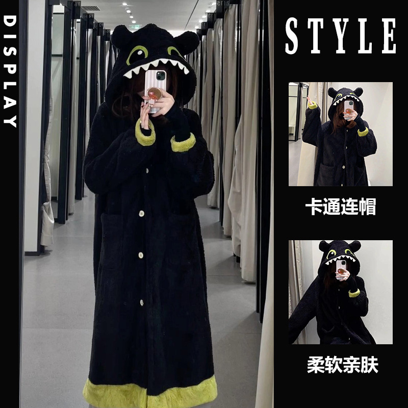 可爱无牙仔连帽珊瑚绒卡通睡衣女款加厚毛绒浴袍男情侣家居服套装
