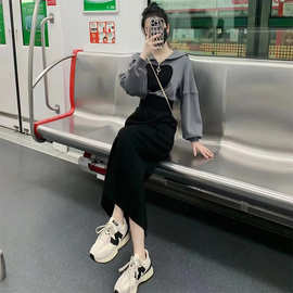 欧美风高级感气质收腰连衣裙女春秋爱心拼色娃娃领休闲卫衣长裙子