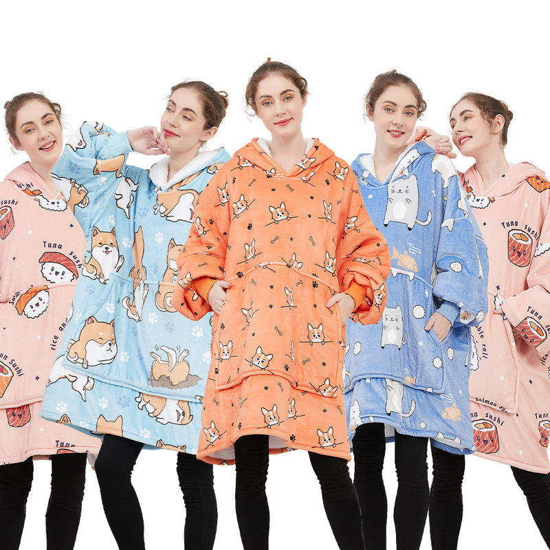 European and American Home Leisure plus size Warm Hooded Lazy Blanket Custom Flange Lamb Fleece Double Layer fleece-lined Sweatshirt Cross Border