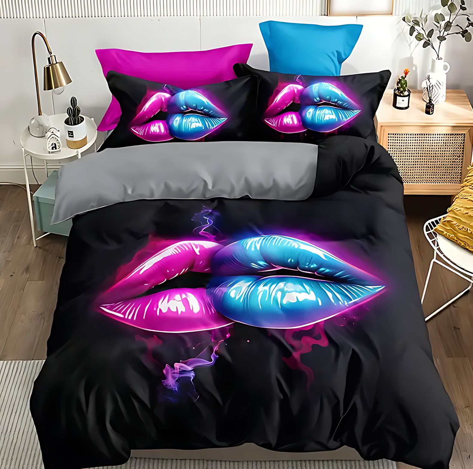 TEMU / JIT comercio exterior sexy labios temático patrón de impresión digital HD colcha de cama set