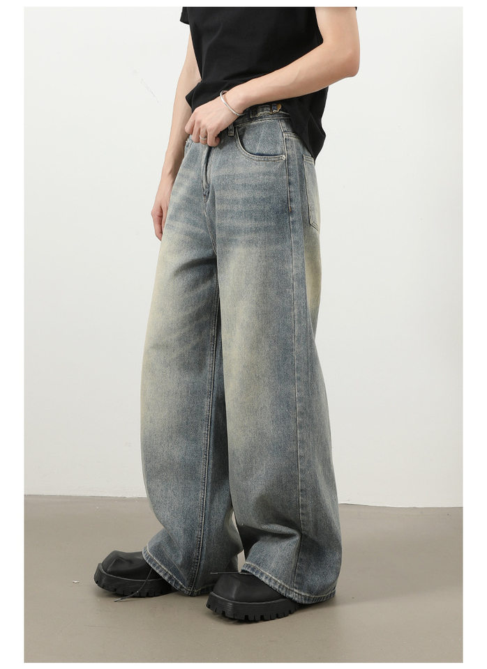 Quần jeans nam ống rộng dáng thẳng phong cách retro, chất denim cotton thoải mái — màu xanh chi tiết 13