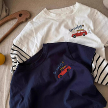 跨境外贸纯棉儿童t恤长袖条纹假两件卡通汽车百搭打底衫上衣春秋