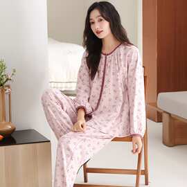 春秋新款纯棉女士长袖长裤开衫睡衣印花休闲女家居服图片色圆领