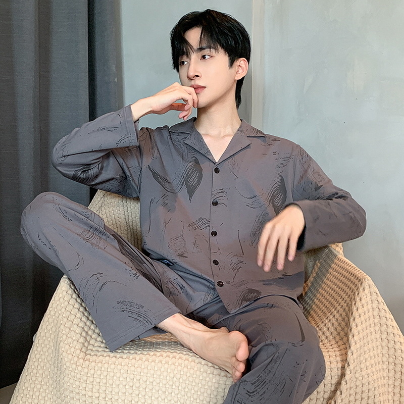 Pijama de primavera y otoño para hombres, camiseta de mangas largas, pantalones largos de tamaño grande que se pueden usar con ropa casera juvenil.