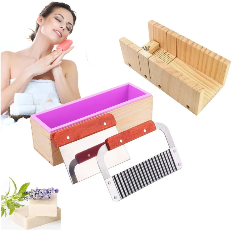 1200g Rectangular DIY Silicone Soap Mold, Wooden Box with Lid, Soap Cutter Double Knife Set, Ready for Shipping