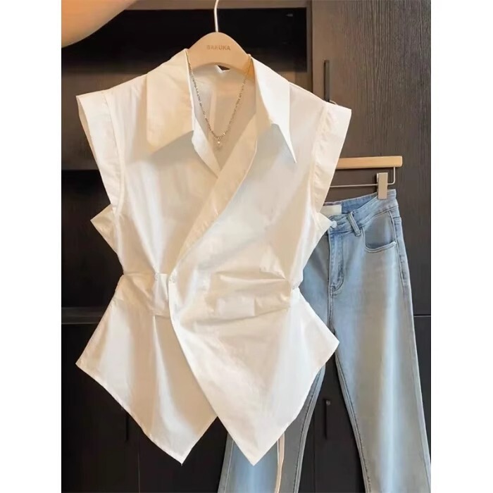 Counter Withdrawal ~ Cut Label Counter Sleeveless Waistcoat Polo Collar Diagonal Placket Waist White Shirt Women's Summer Top