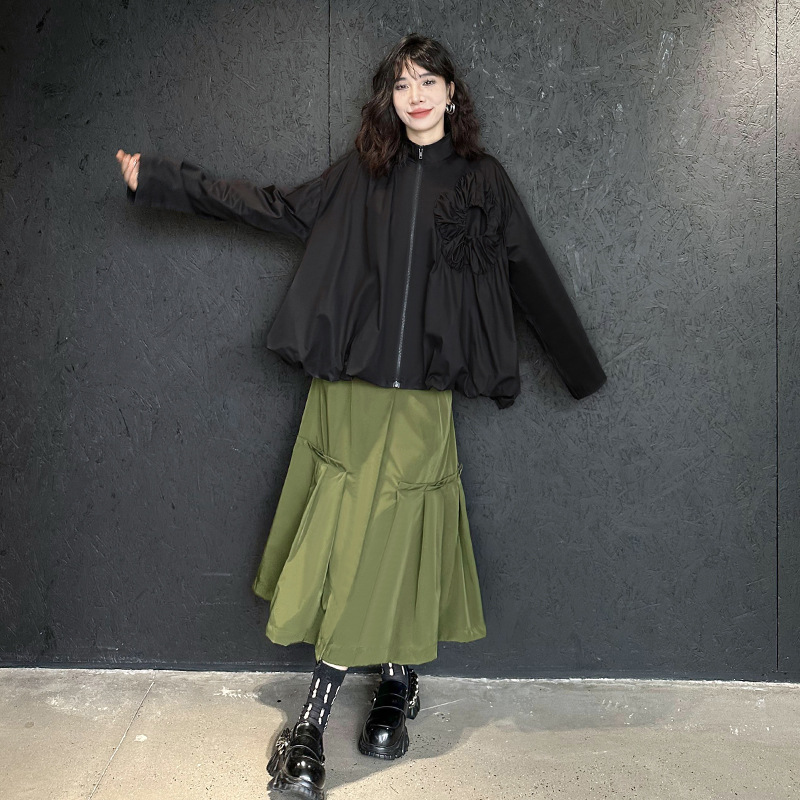 Yamamoto yaosi plisado flor tridimensional abrigo corto Otoño de las mujeres Nuevo diseño de nicho suelto cremallera cardigan trench Coat