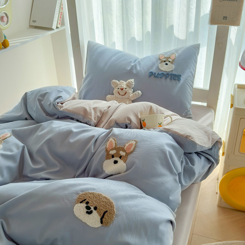 Juego de cama de dormitorio de estudiantes de tres piezas, ropa de cama de algodón puro, sábana, edredón, juego de cuatro piezas