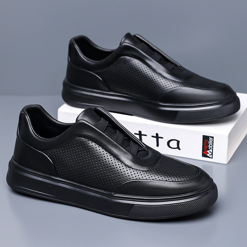 Giày sneaker nam cổ thấp lười xỏ thoáng khí, đế cao su chống trượt, phối màu trắng đen — Màu trắng, màu đen