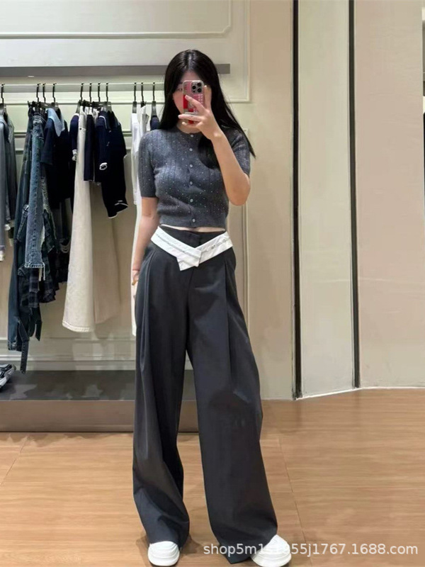 2025新款灰色设计感直筒休闲长裤翻腰头西裤女|undefined