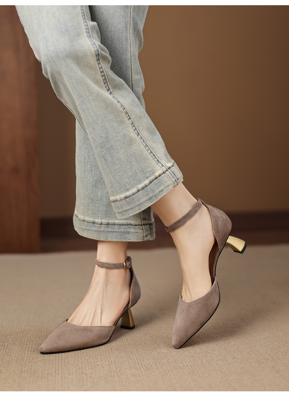 Sandal nữ da cừu mũi nhọn quai ngang gót cao 7 cm — đen chi tiết 7