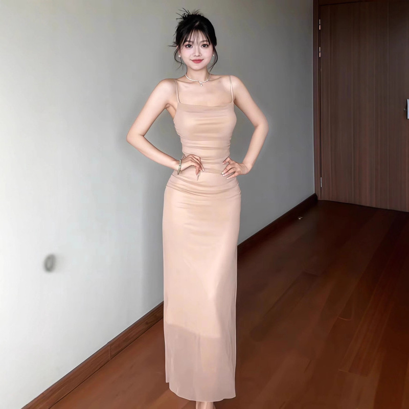 法式咖色吊带连衣裙女夏季网纱拼接收腰修身裙子纯欲紧身包臀长裙|undefined