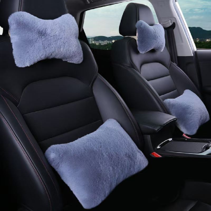 Cross-Border Wholesale Car Headrest Pillow, Solid Color, Cute and Fashionable, Women's Winter Warm Rabbit Fur Neck Pillow, Backrest Pillow