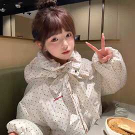 甜美波点短款面包服棉衣冬季加厚新款蝴蝶结连帽小个子棉服外套女