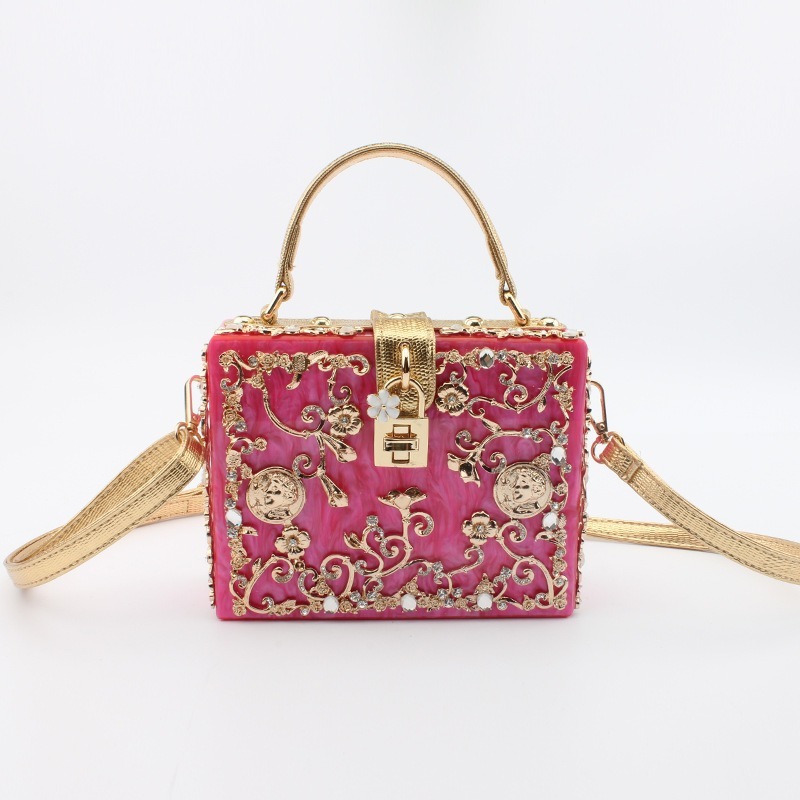 European And American Acrylic Evening Bag Hollow-Out Metal Carved Diamond Inlaid Handbag Shoulder Crossbody Bag For Women - Thumbnail 4