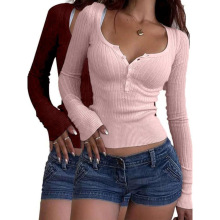 N 19242LV-neck button long-sleeve T-shirt V ��Ŧ�۳��� T ��