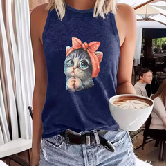 Alibaba.com Amazon Best Selling Cat Print Crew Neck Tank Top Spring and Summer Casual Sleeveless Top Women's Clothing