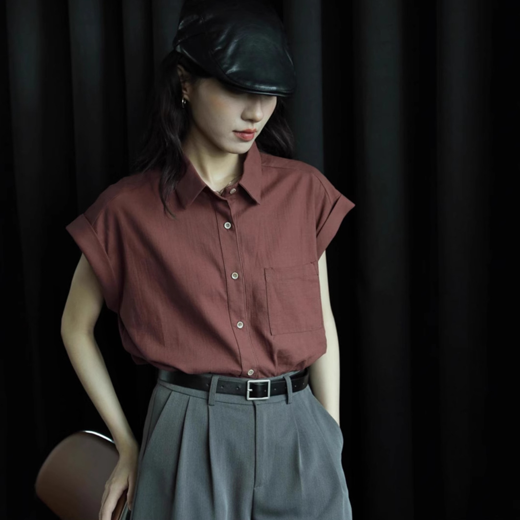 Beige design summer retro solid color shirt sleevless