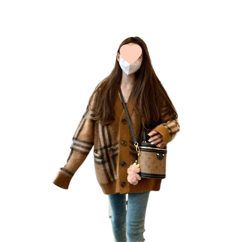 2025女秋慵懒中长款针织开衫上衣复古领格子毛衣外套|undefined