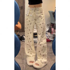 美式复古小熊印花直筒牛仔裤女秋冬爆款小众设计感宽松显瘦阔腿裤