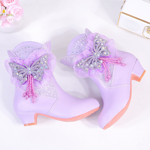 New Women's Children Princess Boots with High Heels Frozen Elsa Butterfly Bow Fleece Warm Children Mid-Calf Boots