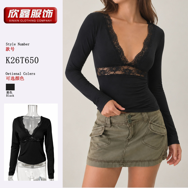 European and American Style Sexy Black Deep V-Neck Lace Patchwork Long-Sleeve Top for Women, Slim Fit, Waist-Cinching, Hollow-Out Design under the Bust, Base Shirt